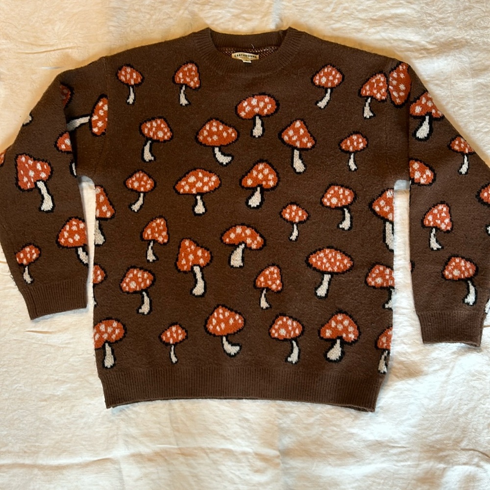 EARTHBOUND Brown Mushroom Pattern Sweater with Orange & Cream Accents